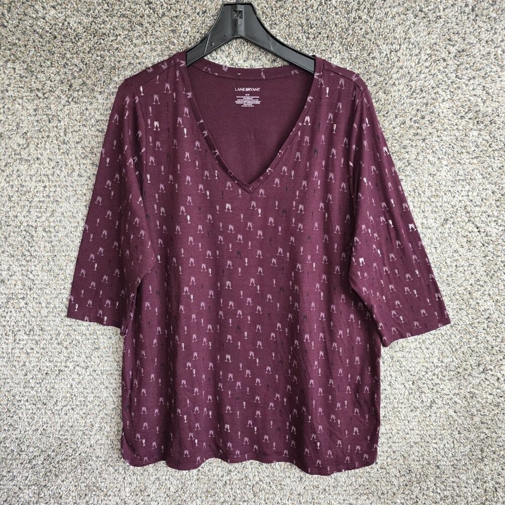 Lane Bryant Top Womens Plus 18/20 Purple Wine Glass Print V-Neck Tee Casual